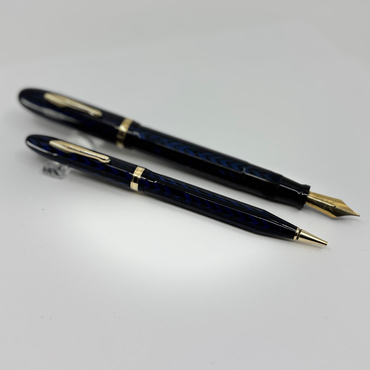 Conklin Largest Nozac SET Herringbone Blue/Black Fountain Pen and Pencil - Circa 1935