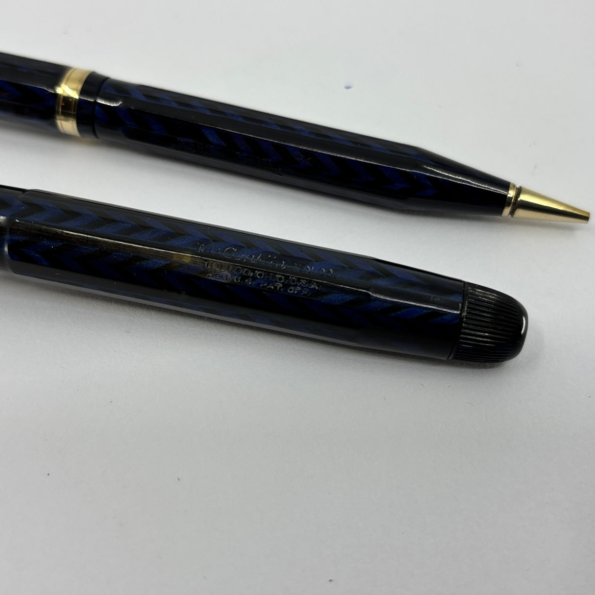Conklin Largest Nozac SET Herringbone Blue/Black Fountain Pen and Pencil - Circa 1935