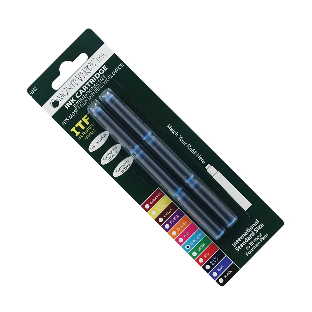 Monteverde Ink Cartridges International Size in Turquoise (Pack of 6)