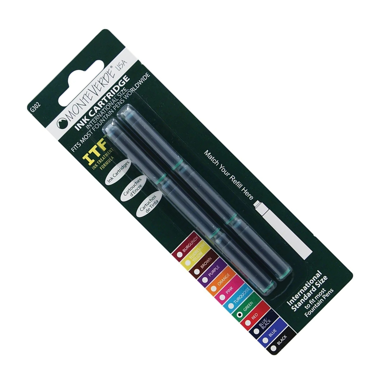 Monteverde Ink Cartridges International Size in Green (Pack of 6)