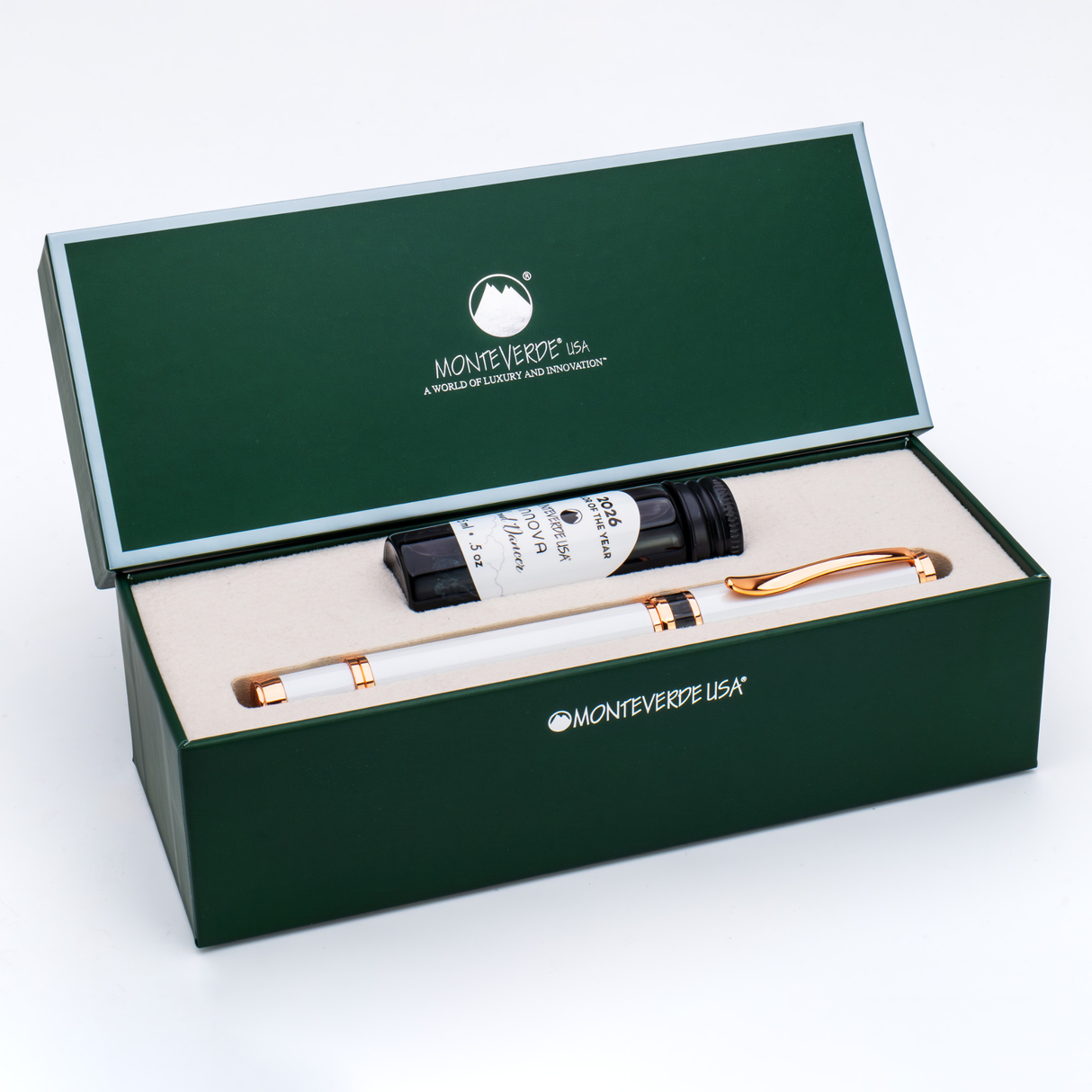Monteverde USA Innova 2026 Color of The Year Cloud Dancer Fountain Pen Rosegold Trim box Collection