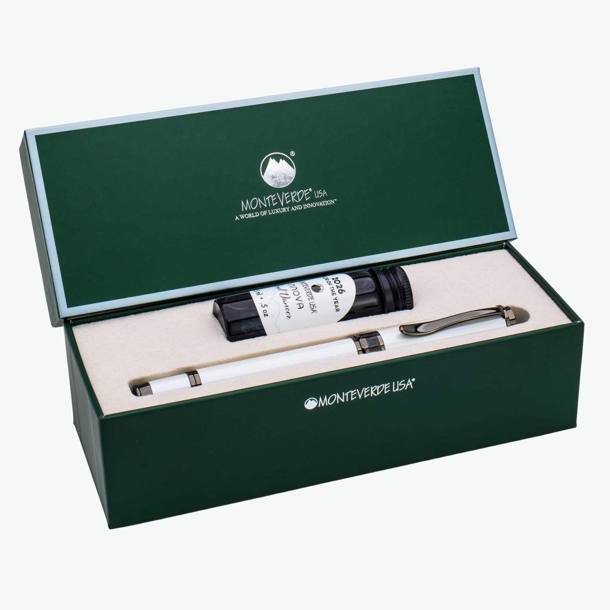 Monteverde USA Innova 2026 Color of The Year Cloud Dancer Fountain Pen Gunmetal box Trim Collection