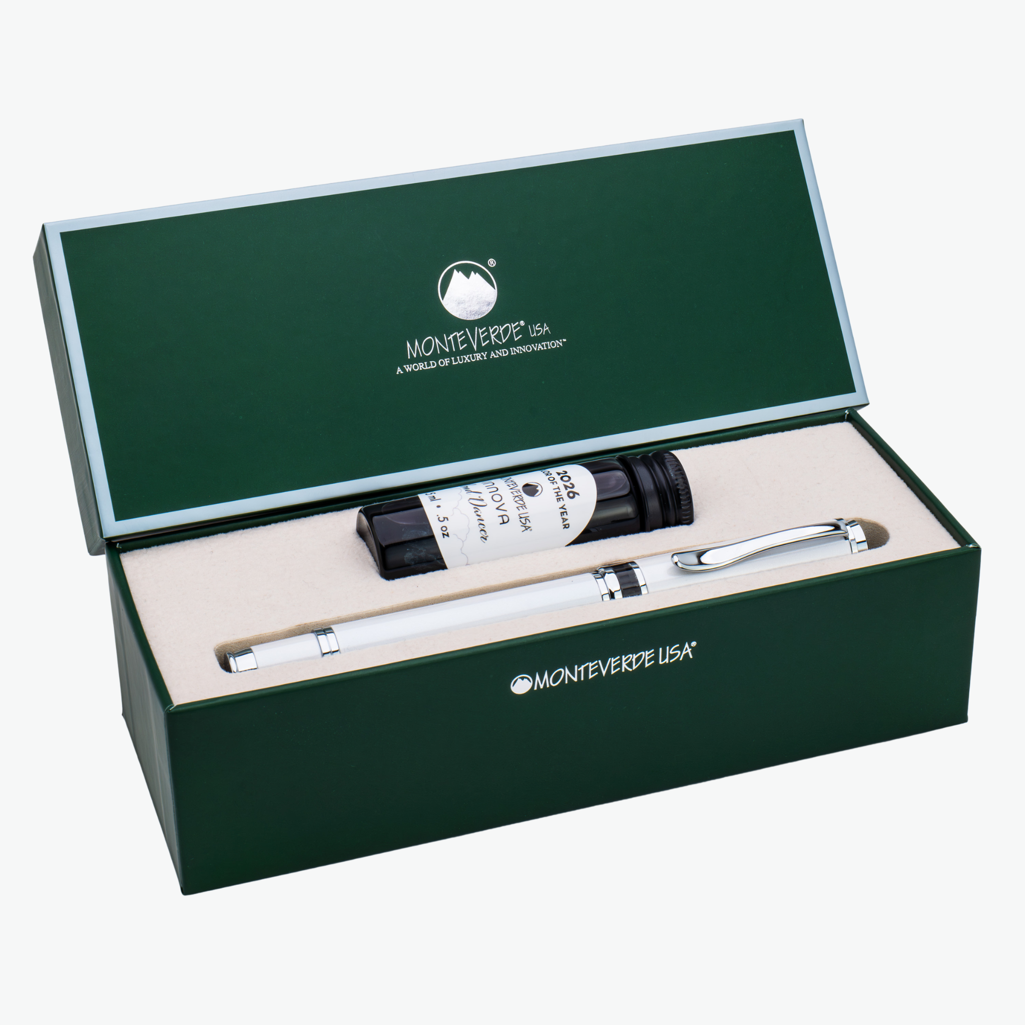 Monteverde USA Innova 2026 Color of The Year Cloud Dancer Fountain Pen Chrome Trim box  Collection