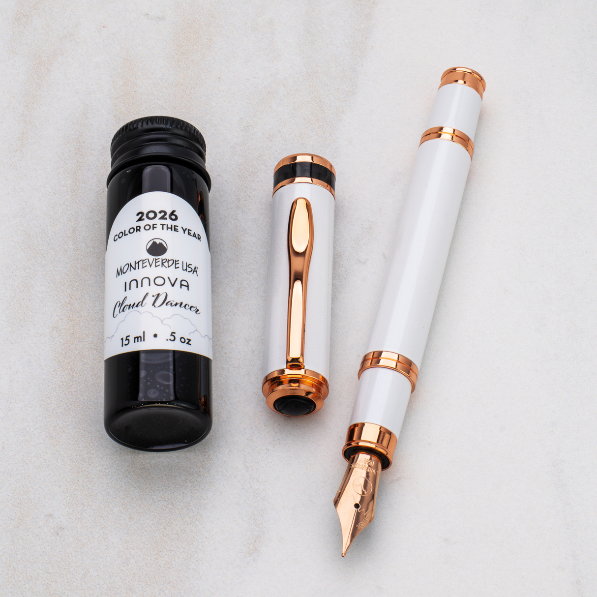 Monteverde USA Innova 2026 Color of The Year Cloud Dancer Fountain Pen Rosegold Trim + Ink Collection