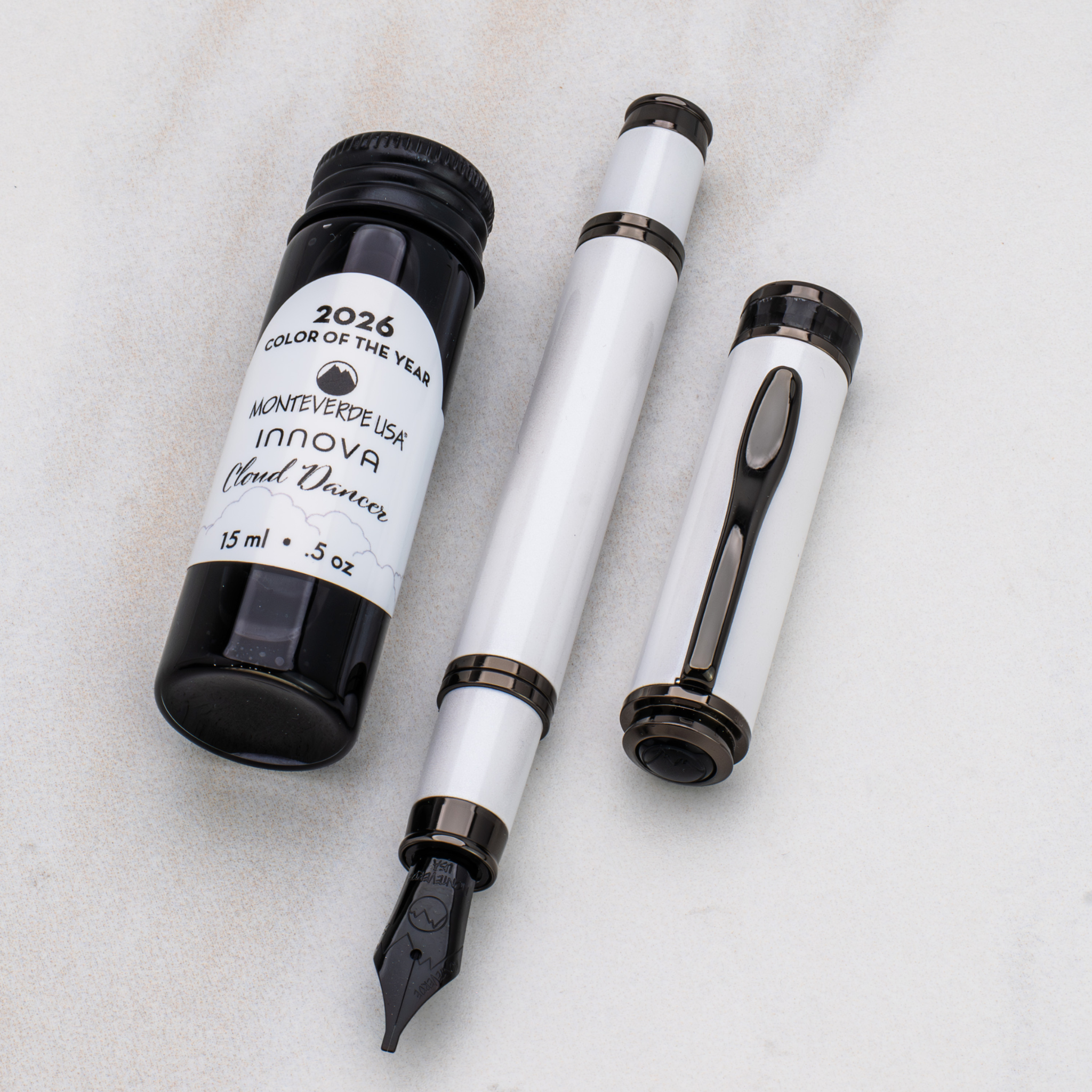 Monteverde USA Innova 2026 Color of The Year Cloud Dancer Fountain Pen Gunmetal Trim + Ink Collection