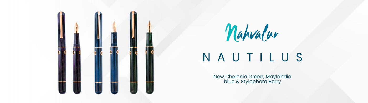 Nahvalur Nautilus New Chelonia Green, Maylandia Blue & Stylophora Berry Fountain Pen Collection