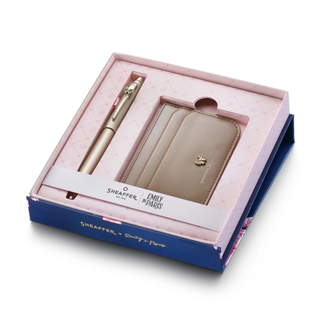 Sheaffer 100 Emily in Paris 9377 Champagne Gold Ballpoint Pen with Champgne Gold Trim and Full-Grain Credit Card Holder Gift Set