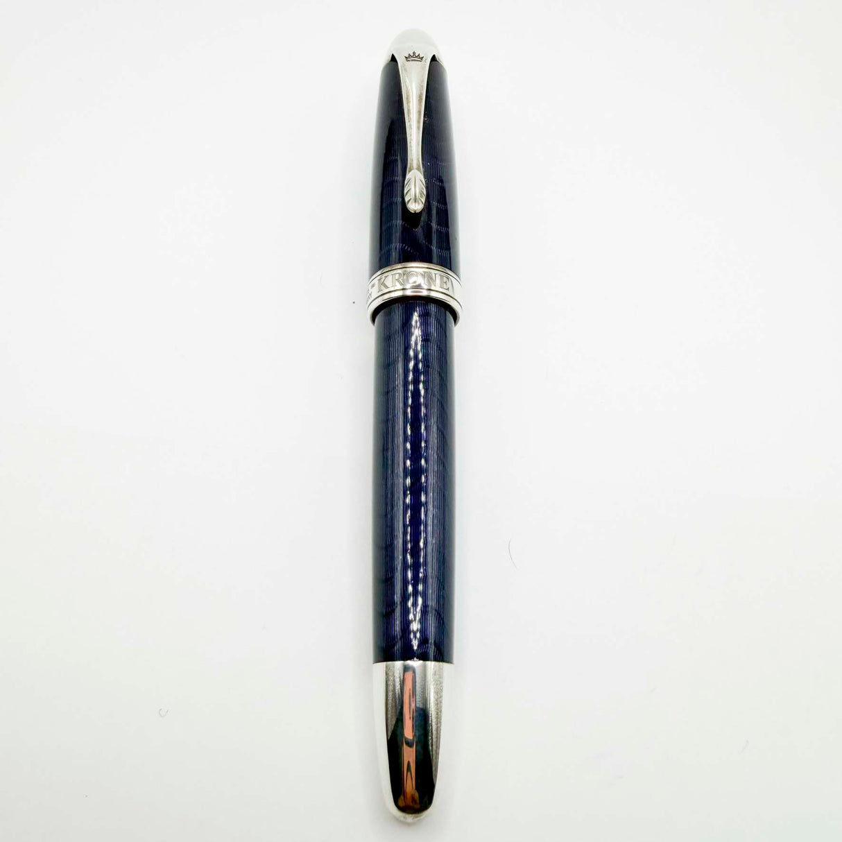 Krone Heavy Sterling Silver Oversized Fountain Pen -  Translucent Dark Blue Enamel overlaying the Sterling Silver Body of Guilloched Wave Design - Medium 18kt Gold Nib