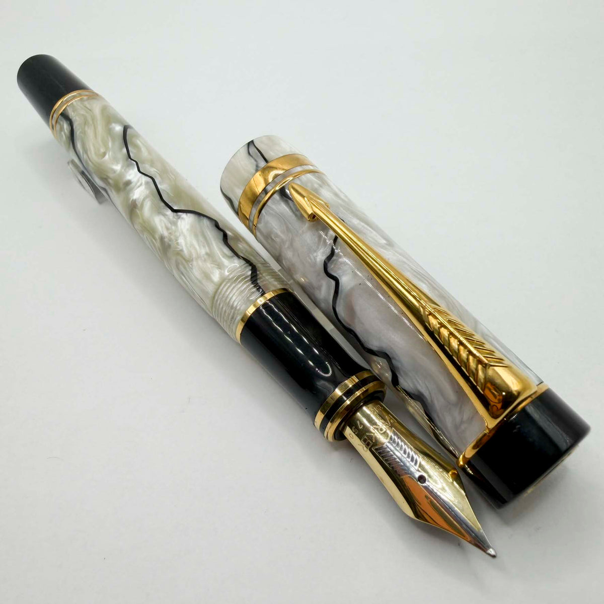 Parker Duofold Centennial (Largest Size) Lustrous  Pearl & Black Fountain Pen  - Medium 18kt Gold Nib