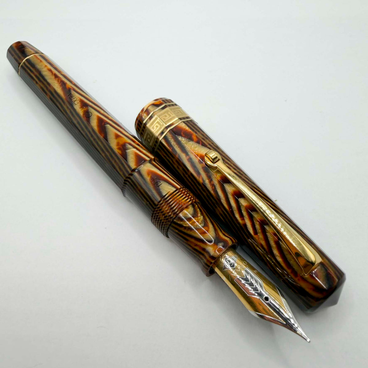 OMAS Paragon Extra/Original Body Style Facetted Arco Bronze Celluloid Fountain Pen in EXQUISITE ULTRA RARE  SPINA/FISHBONE PATTERN - Fine 18kt Gold Nib - Factory Dated 1992 on Grip Section