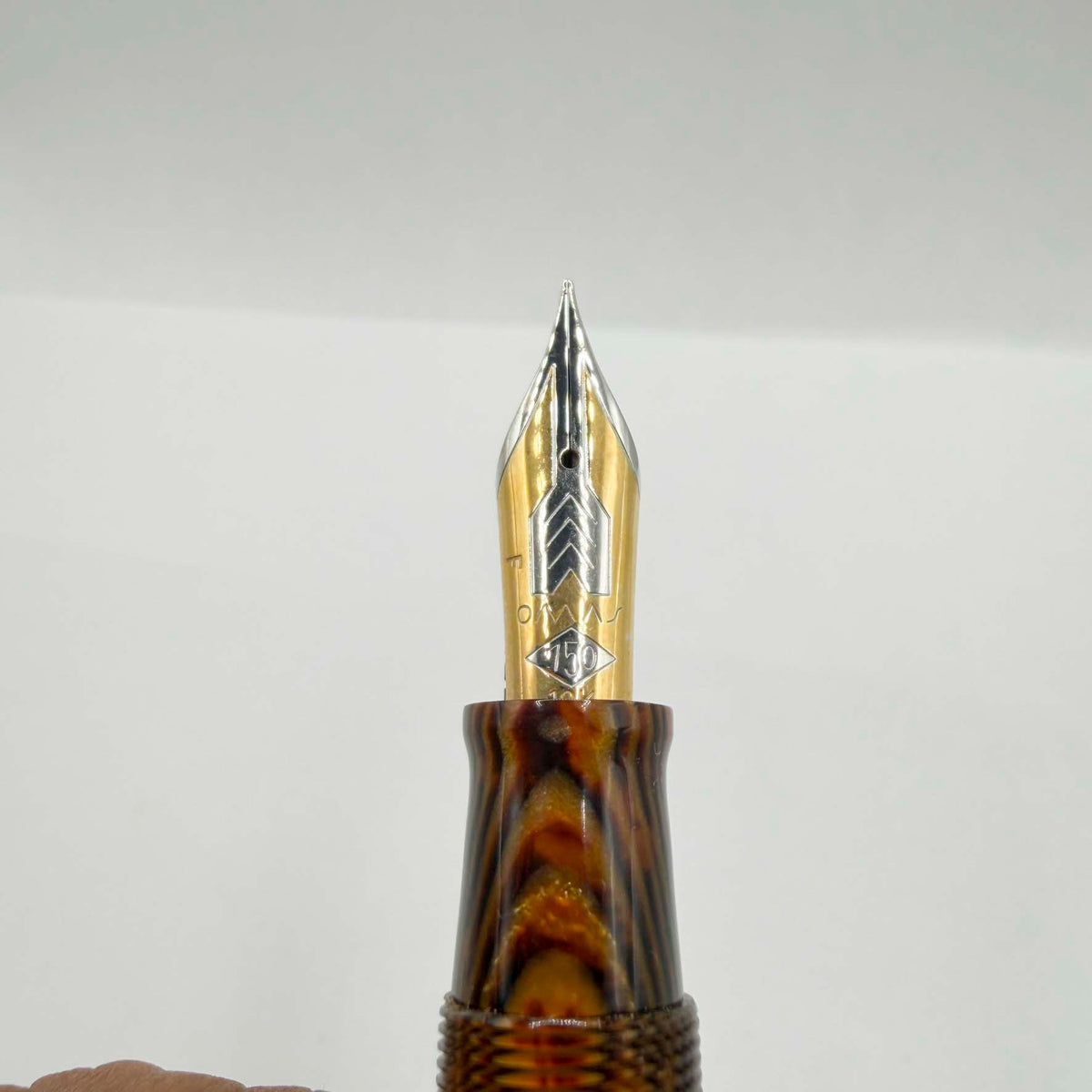 OMAS Paragon Extra/Original Body Style Facetted Arco Bronze Celluloid Fountain Pen in EXQUISITE ULTRA RARE  SPINA/FISHBONE PATTERN - Fine 18kt Gold Nib - Factory Dated 1992 on Grip Section