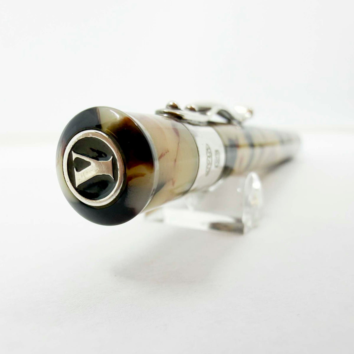 Yard-o-Led Astoria Marbled Cream & Ebony  Ballpoint Pen - Sterling Silver Clip & Trim