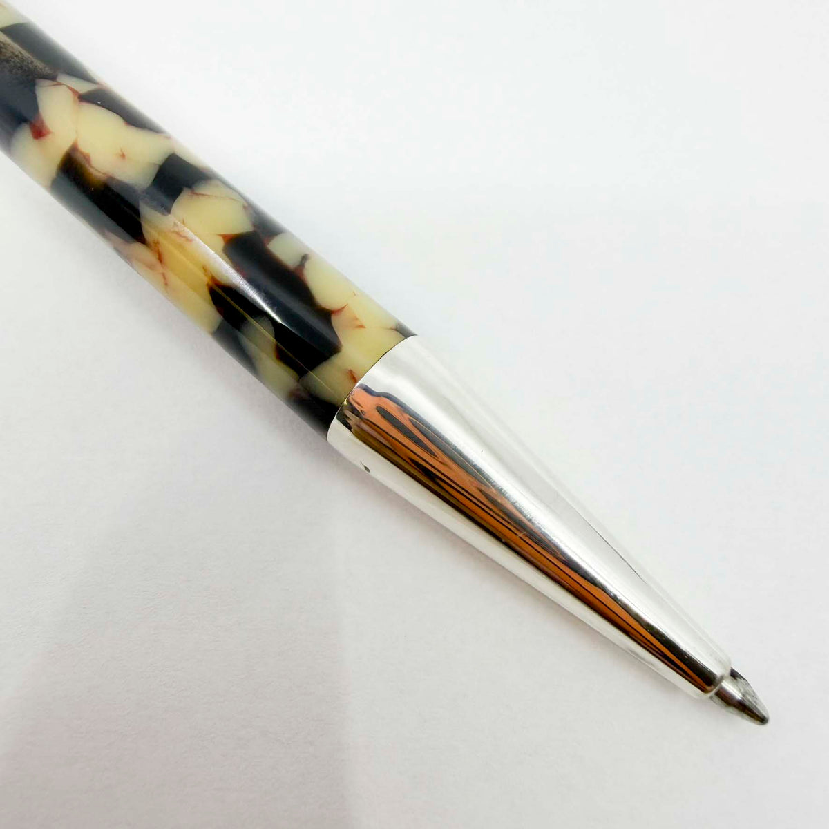 Yard-o-Led Astoria Marbled Cream & Ebony  Ballpoint Pen - Sterling Silver Clip & Trim