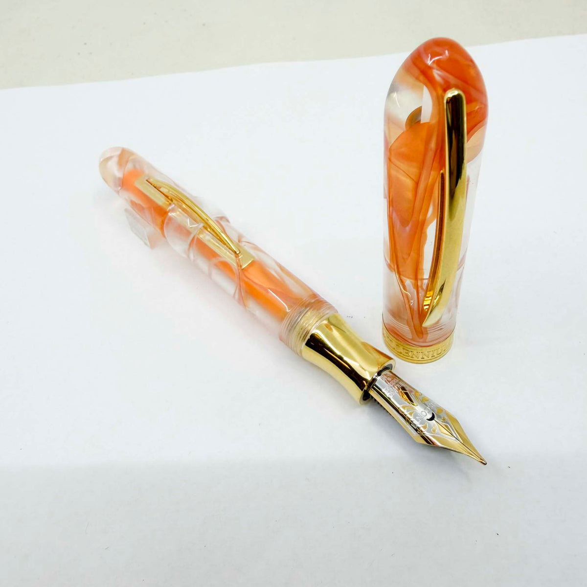 Visconti "Millennium Two" Orange Streaked Transparent Limited Edition Crescent Fill Fountain Pen - Semi-Flex Medium 18kt Gold Nib - MINT