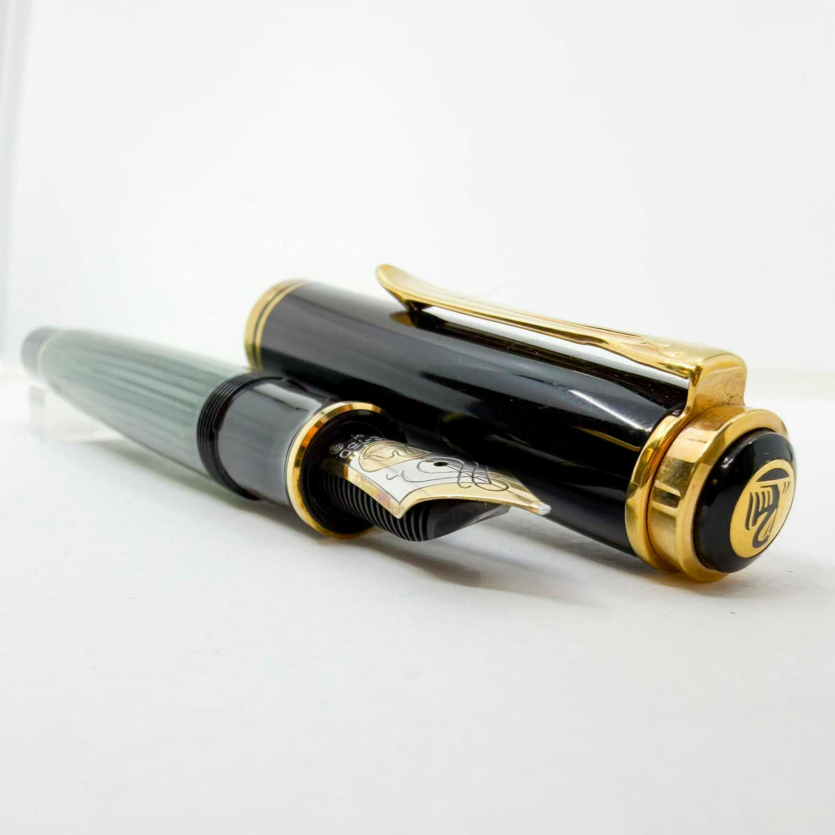 Pelikan  M800 Green Striped Fountain Pen - Early Model "W. Germany" On Cap Band - Medium 18kt "PF" Nib