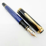 Pelikan Early M800 Black Cap/Blue Striated Barrel Fountain Pen - Medium 18kt Gold PF Nib